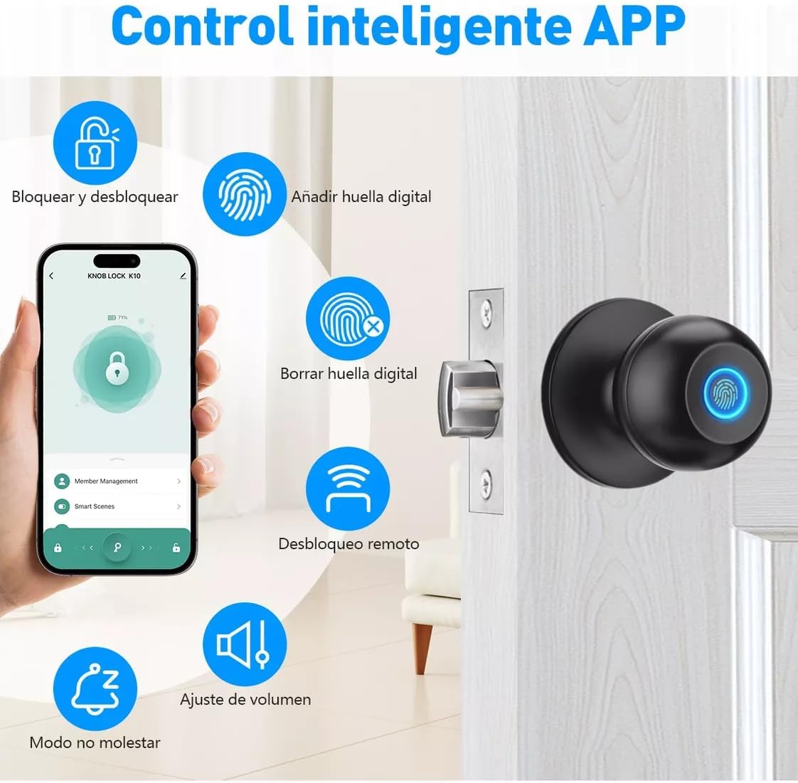 Perilla de Puerta Inteligente, EEGVUY 3 en 1 Cerradura Inteligente para Puerta con Control APP, Cerradura de Puerta Huellas Dactilares, 2 Ilaves Mecánicas, Ideal para Dormitorio, Casa, Hotel, Oficina