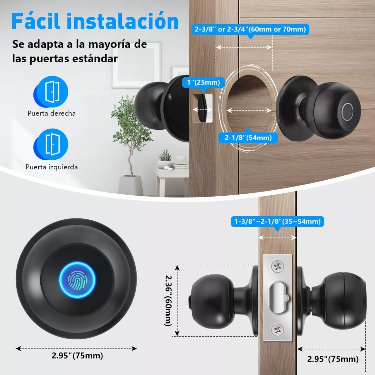 Perilla de Puerta Inteligente, EEGVUY 3 en 1 Cerradura Inteligente para Puerta con Control APP, Cerradura de Puerta Huellas Dactilares, 2 Ilaves Mecánicas, Ideal para Dormitorio, Casa, Hotel, Oficina