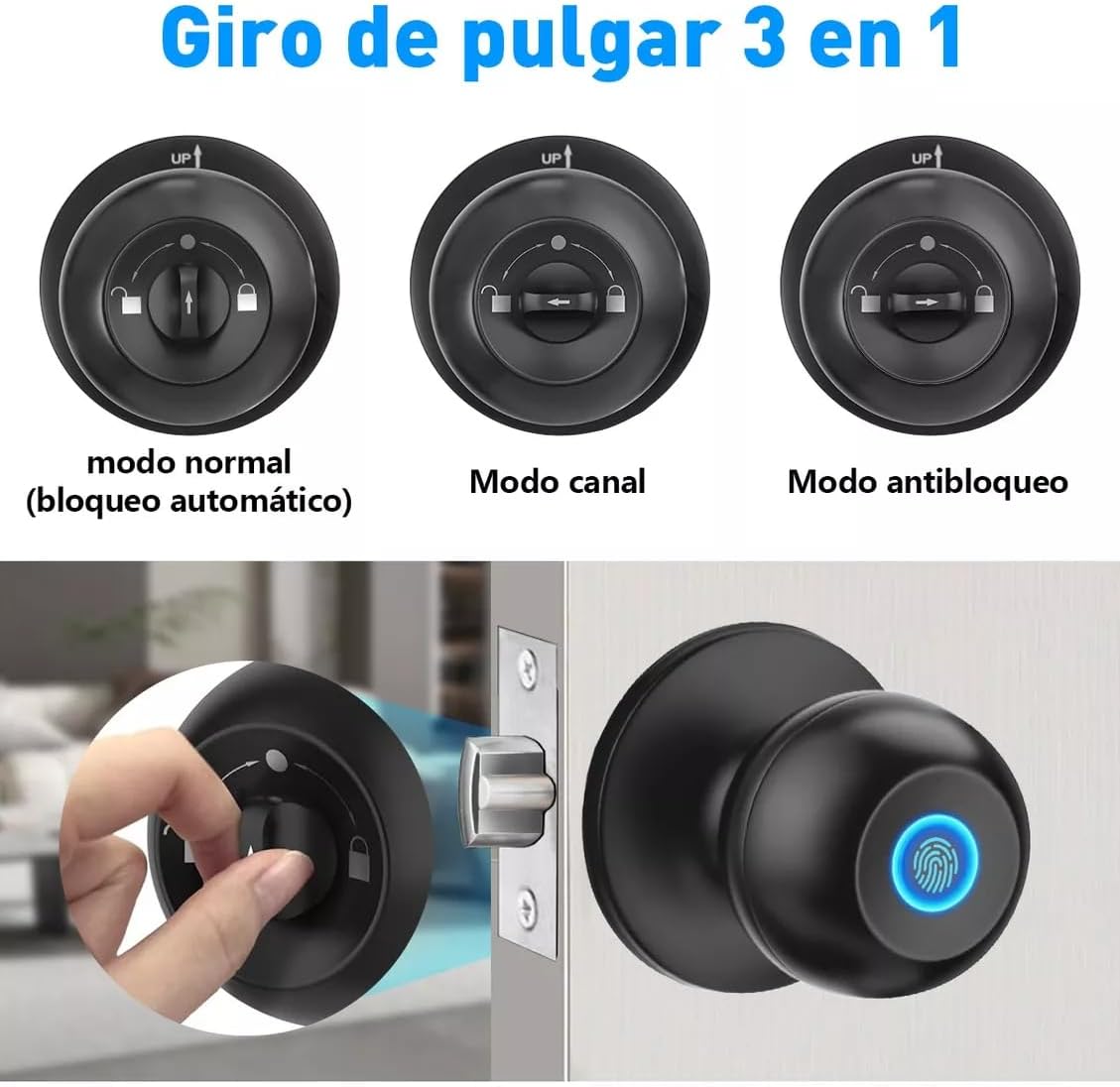 Perilla de Puerta Inteligente, EEGVUY 3 en 1 Cerradura Inteligente para Puerta con Control APP, Cerradura de Puerta Huellas Dactilares, 2 Ilaves Mecánicas, Ideal para Dormitorio, Casa, Hotel, Oficina