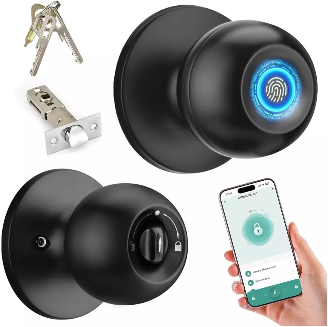 Perilla de Puerta Inteligente, EEGVUY 3 en 1 Cerradura Inteligente para Puerta con Control APP, Cerradura de Puerta Huellas Dactilares, 2 Ilaves Mecánicas, Ideal para Dormitorio, Casa, Hotel, Oficina