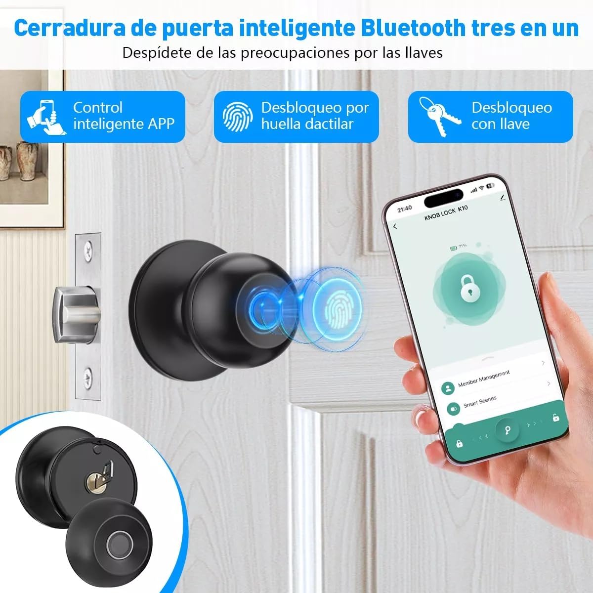 Perilla de Puerta Inteligente, EEGVUY 3 en 1 Cerradura Inteligente para Puerta con Control APP, Cerradura de Puerta Huellas Dactilares, 2 Ilaves Mecánicas, Ideal para Dormitorio, Casa, Hotel, Oficina